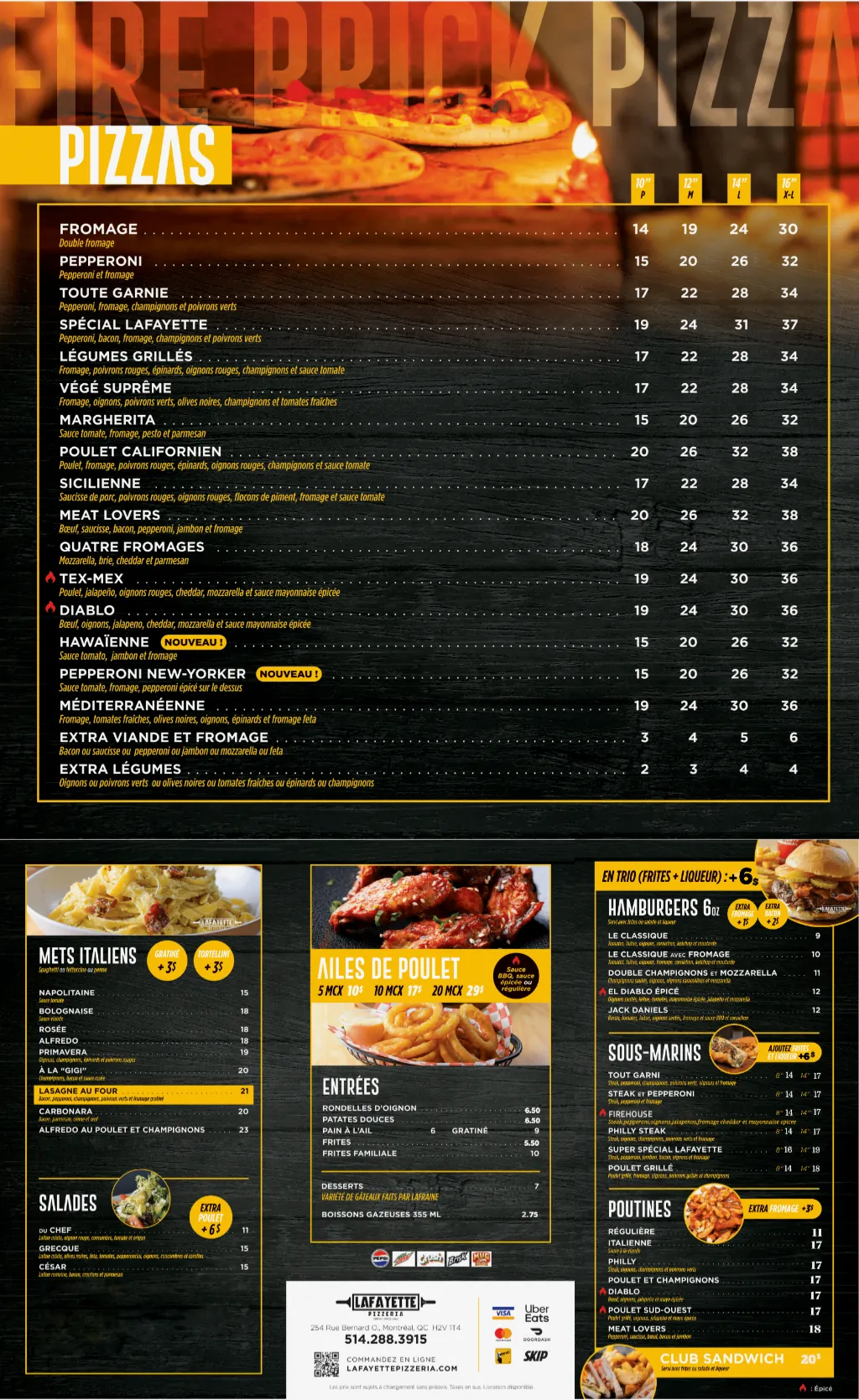 Menu complet Lafayette Pizzeria, octobre 2026 : pizzas, mets italiens, salades, ailes de poulet, entrées, hamburgers, sous-marins, poutines, club sandwich, desserts et boissons, sur fond noir avec des titres dorés et des photos de plats