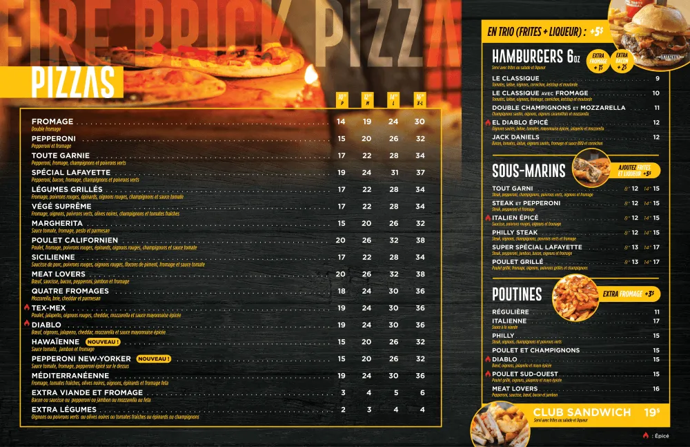 Menu Lafayette Pizzeria, page 1 : sections Pizzas, Hamburgers, Sous-marins, Poutines et Club Sandwich, en lettres dorées et blanches sur fond noir, avec des photos de pizza, de burger et de poutine