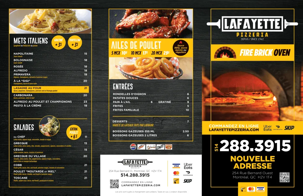 Menu Lafayette Pizzeria, page 2 : sections Mets italiens, Salades, Ailes de poulet, Entrées, Desserts et Boissons, avec des photos de pâtes, d’ailes de poulet et du four à briques, le logo Lafayette Pizzeria, l’adresse et le numéro de téléphone